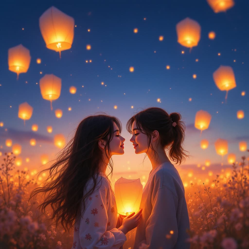 AI generated: Deep blue sky, orange, Kongming lanterns flying in the sky, late at night girl and gilr in love ,flo...