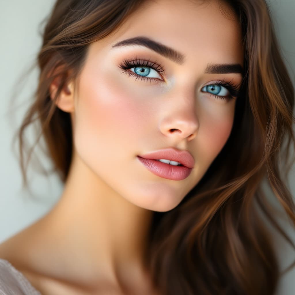 AI generated: beautiful face with american features, incredible warm blue eyes, natural defined eyebrows
graceful ...