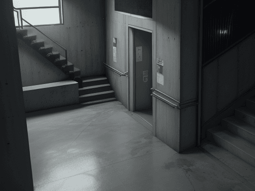 AI generated: social area inside a building with a concrete wall and close to a staircase and even a cinematic ele...