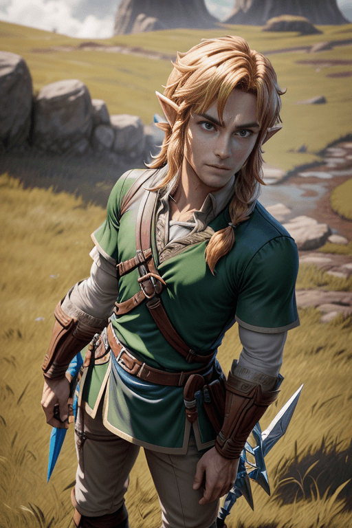 AI generated: Portrait of link from zelda standing on a grass field inspire from breath of the wild,4k,high detail...