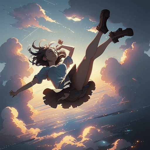AI generated: make a picture of a girl falling in the sky. Background with clouds and lights. 
Studio Ghibli, anim...