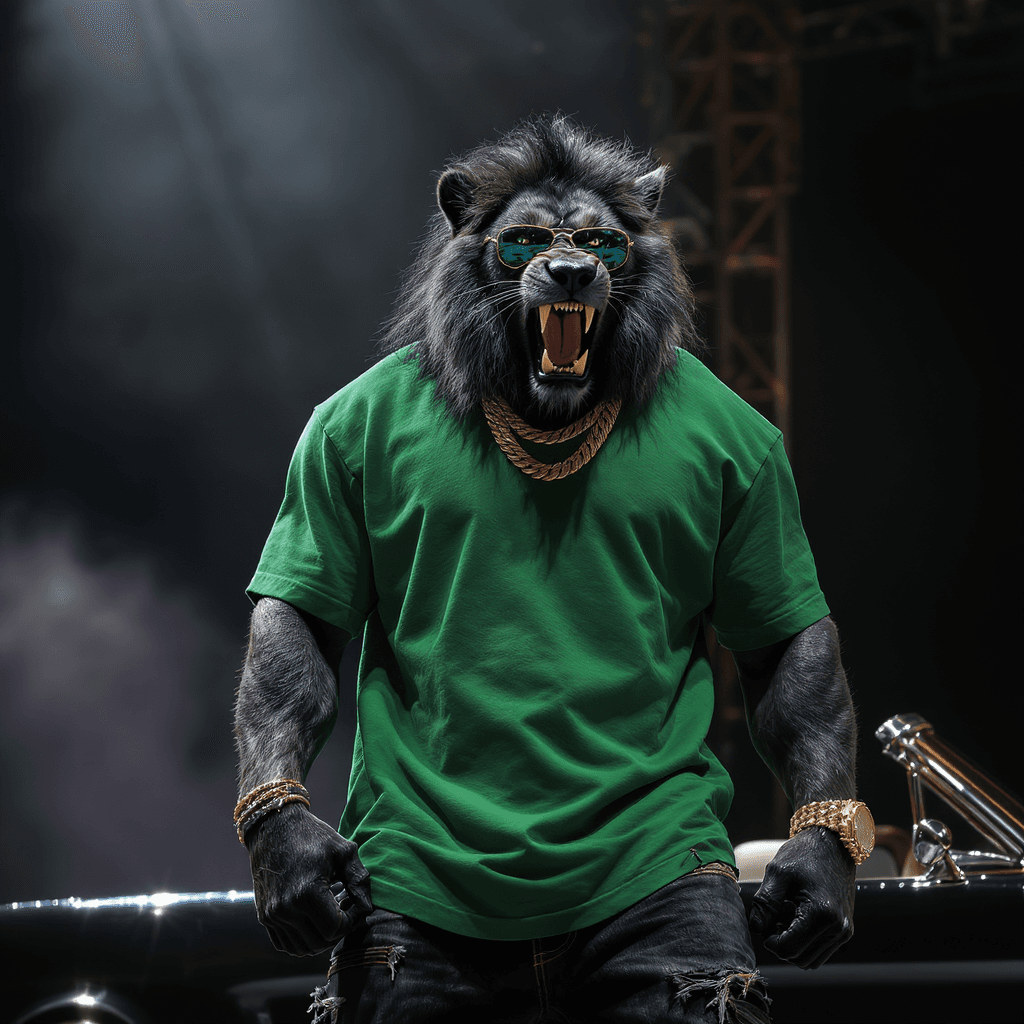 AI generated: A humanoid black werewolf  roaring  with fierce golden eyes, standing confidently on a concert stage...