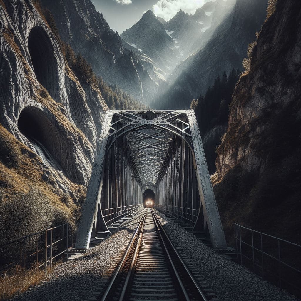 AI generated: Steel railway bridge spans a gorge, leading into a mountain tunnel. The rugged landscape frames the ...