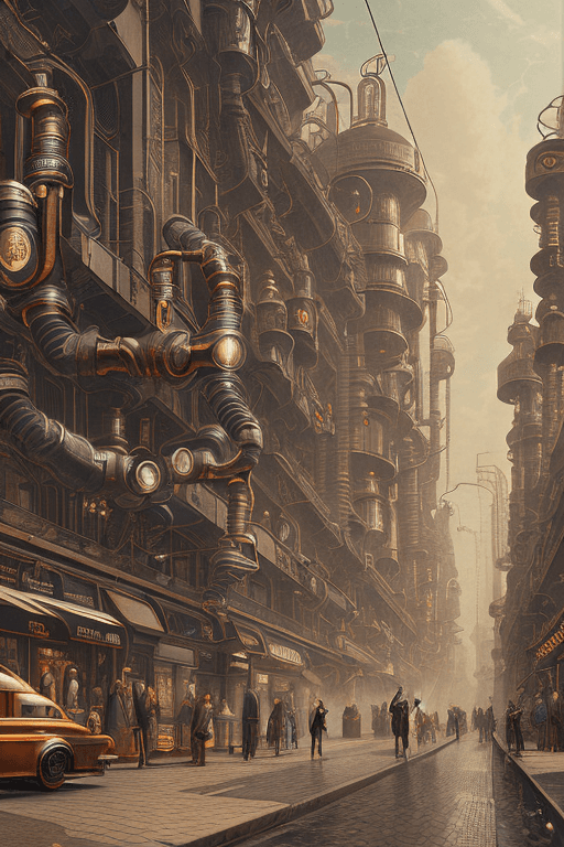 AI generated: A retro-futuristic 19th century city street, beings with bright black heads and highly articulating ...