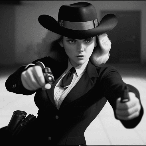 AI generated: 
black and white film stock, high contrast, full body movie clip of a gunfight action scene, ((black...
