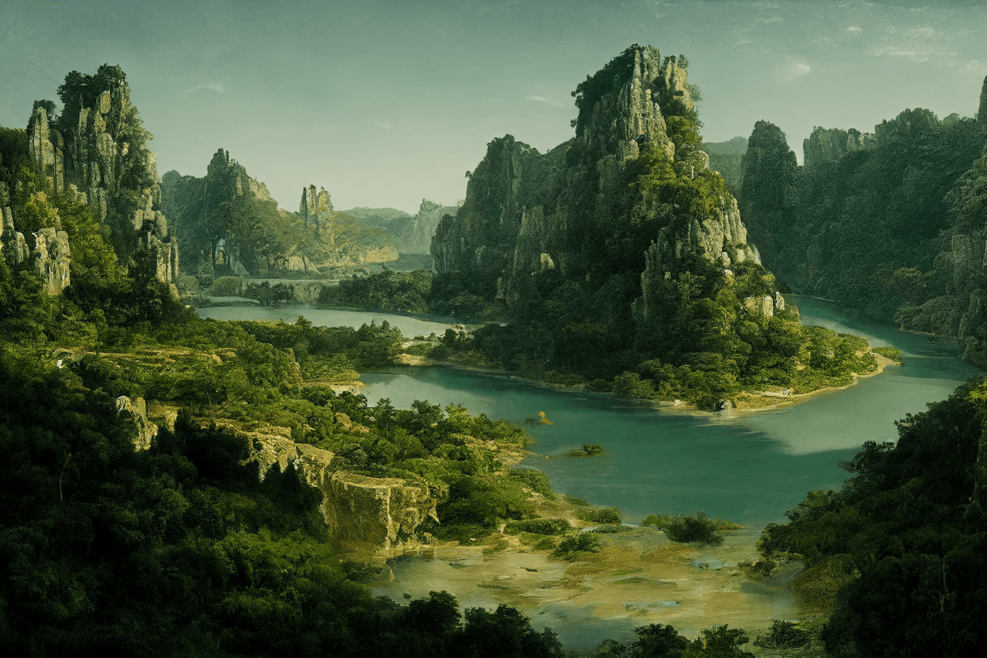 AI generated: A valley, surrounded by limestone hills and cut by a shallow river, but with very clean water. parch...