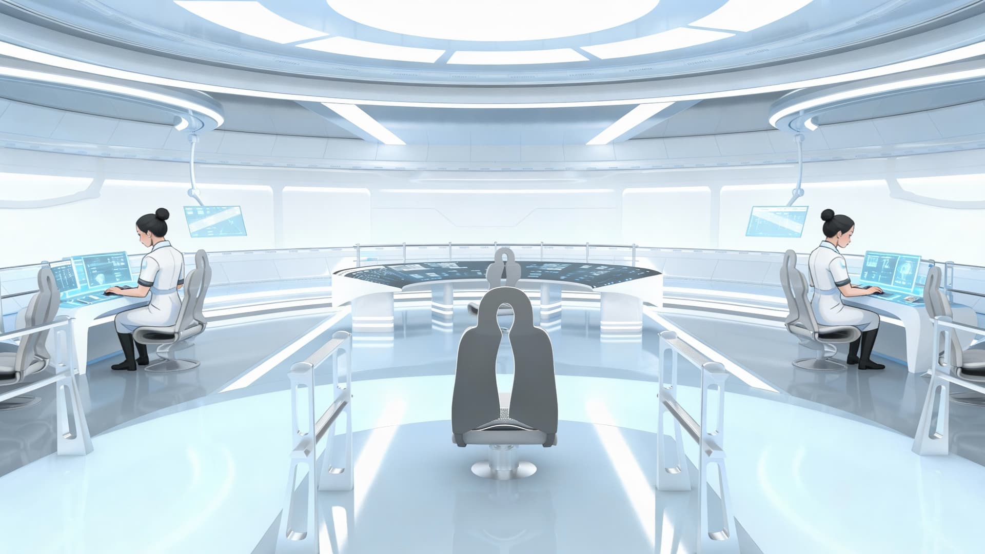 AI generated: 
Create a Sci-Fi scene. Place the two characters in Reference image 2 in the room of Reference image...