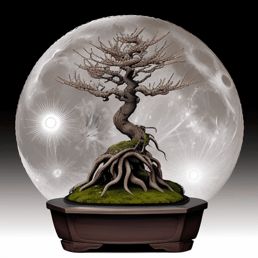 AI generated: full moon with nuances of the YinYan, in the center of Yin insert a bonsai tree and in the center of...