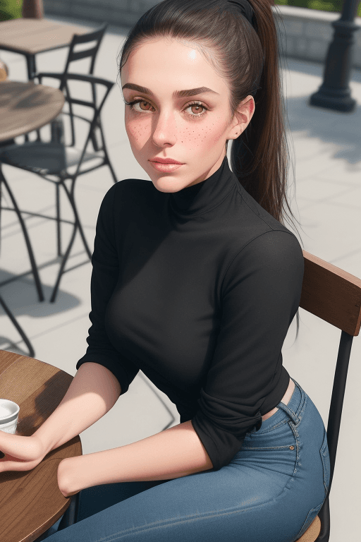 AI generated: beautiful brunette girl wearing ponytail and jeans and black top taking a selfie sitting at a table ...