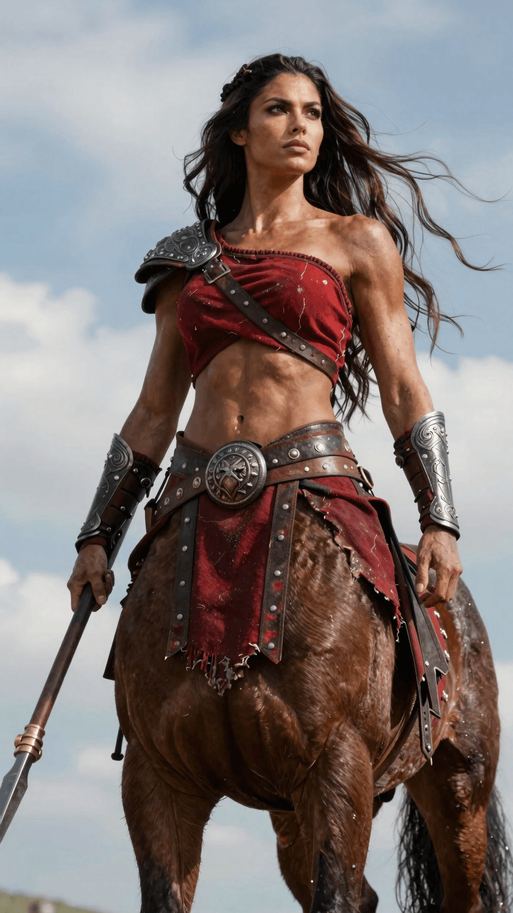 AI generated: ultra-realistic fantasy portrait of an adult female centaur warrior with a tall powerful athletic bu...