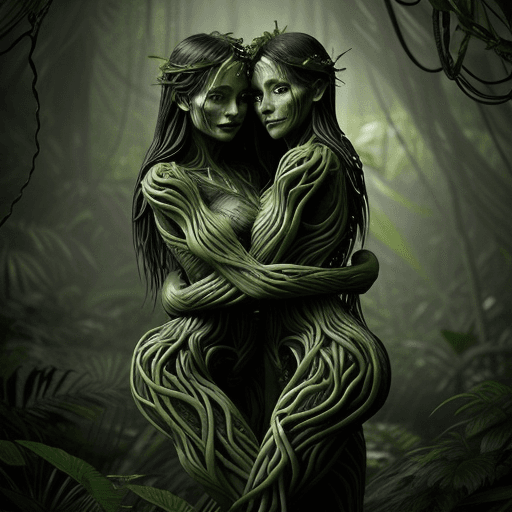 AI generated: two people hugging each other in the jungle, in the style of ethereal figures, made of vines, physic...