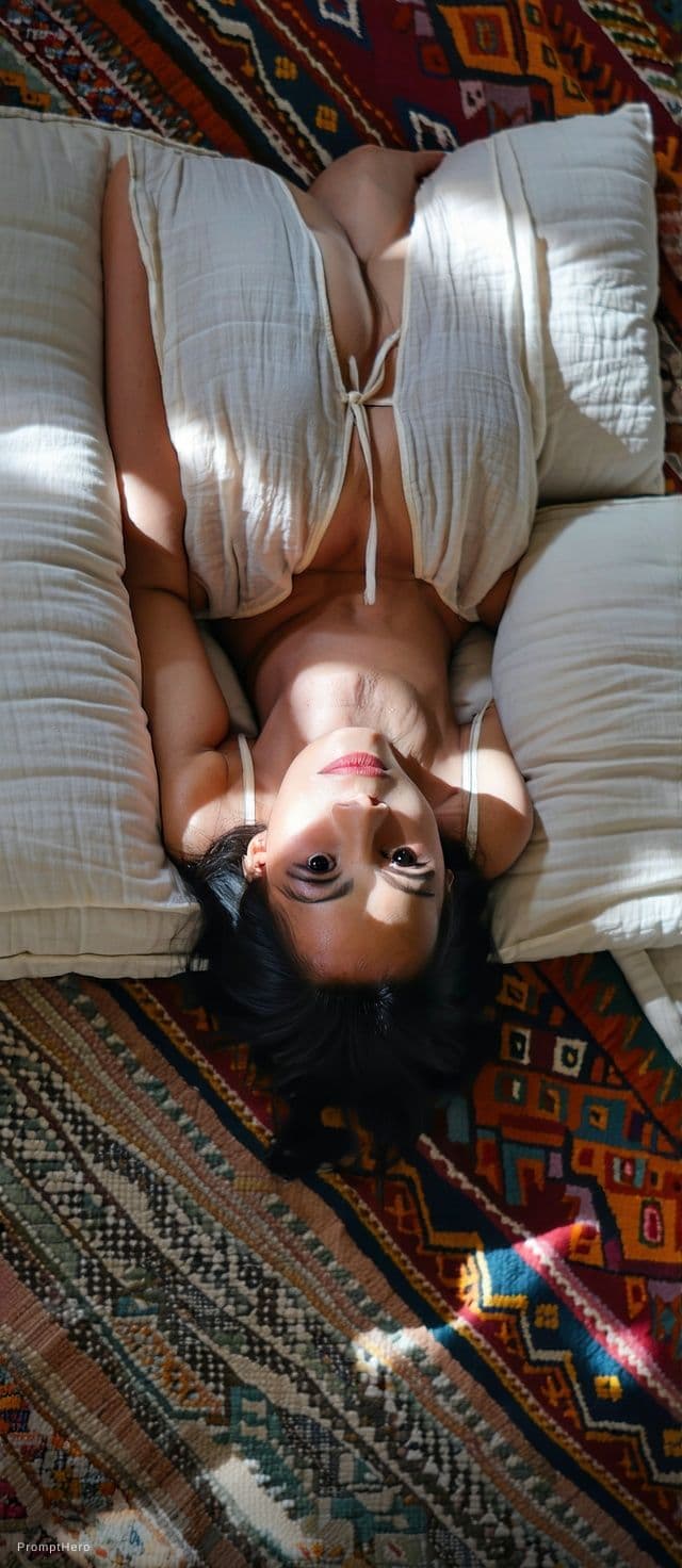 AI generated: Create a 9:16 high-angle candid POV portrait of a bengali woman lying diagonally across patterned co...