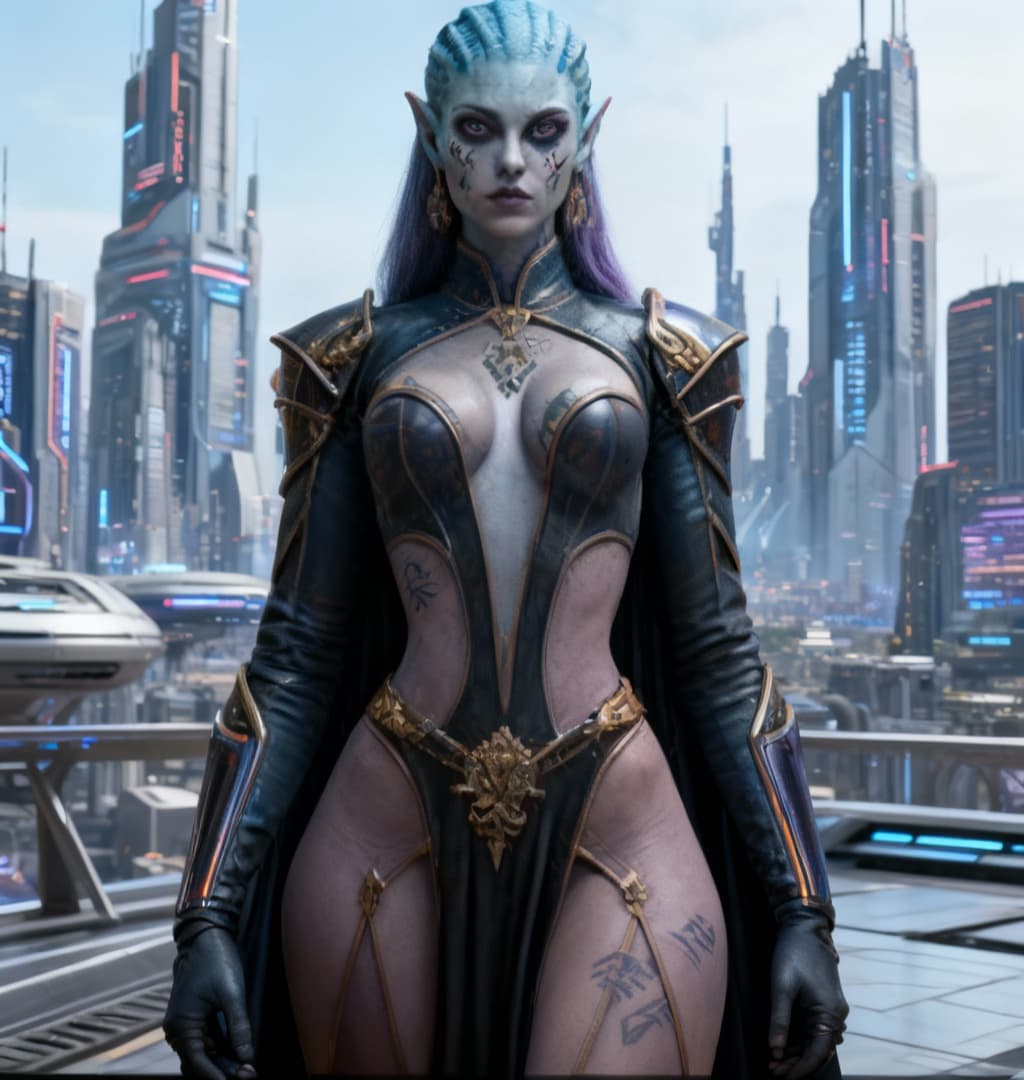 AI generated: Create a new species from this original. Alter with Sci-Fi cityscape backdrop, pose the character na...