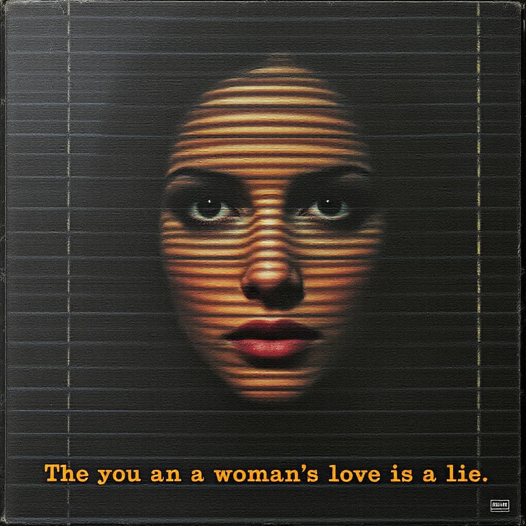 AI generated: Album jacket expressing a man's sad feelings that a woman's love is a lie. A woman's cold-looking fa...