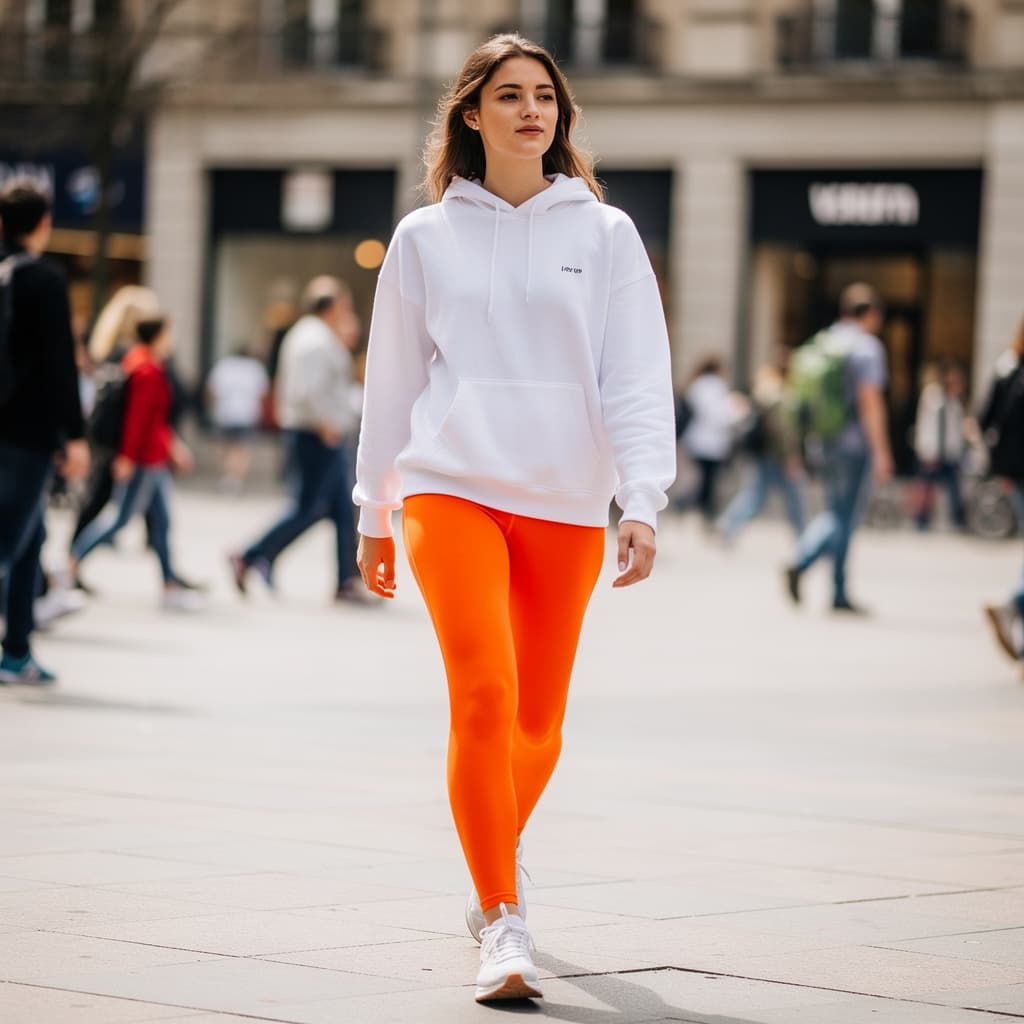 AI generated: Young girl big cameltoe in orange legging on public