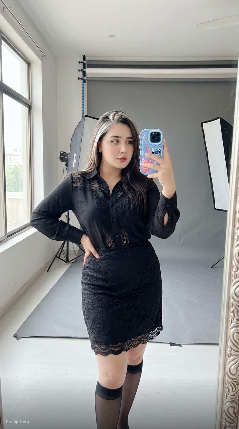 AI generated: A pretty model wearing a black blouse with a black lace skirt and black knee-length stockings, real ...