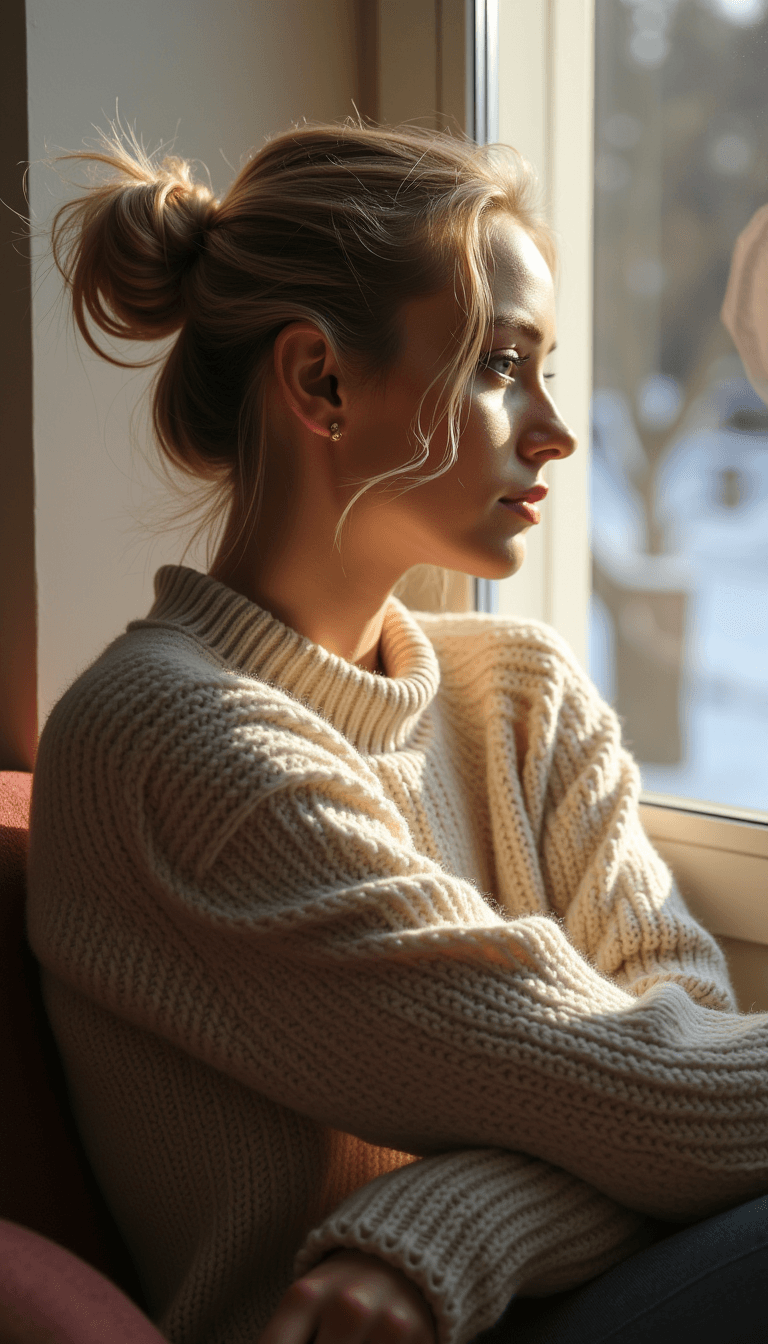 AI generated: A woman sitting by a window in a side profile pose, gazing outside with a pensive expression. She ha...