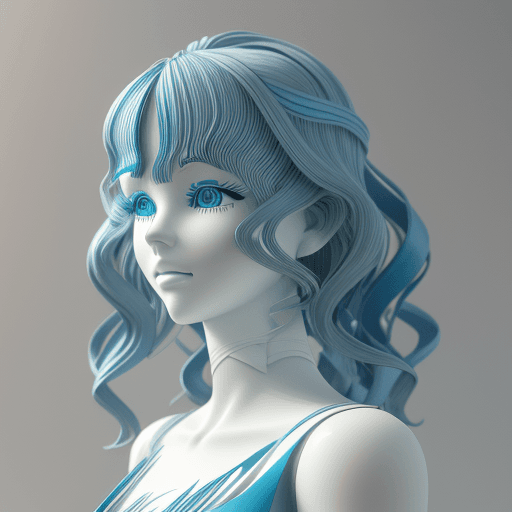 AI generated: 3d ultra & hyper details mannequin with Paper cut blue wavy delicate hair, with serene colors.