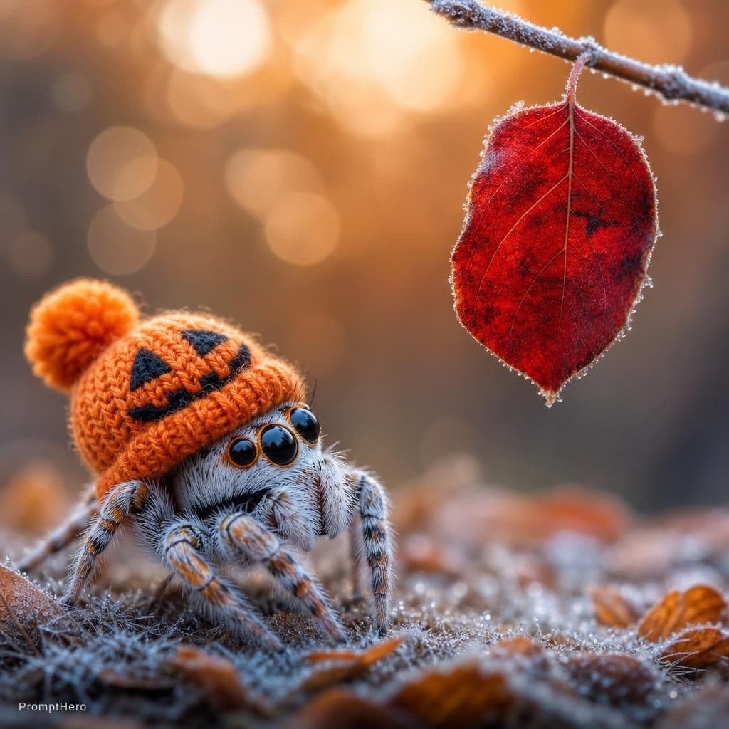 AI generated: fluffy little rabbit in a knitted hat with a pompom, sitting and looking up at a single leaf hanging...