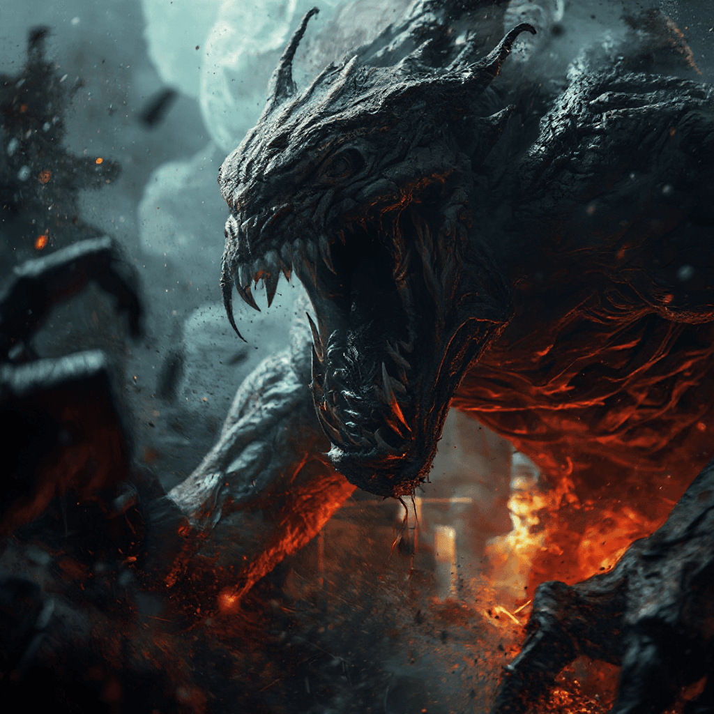 AI generated: A terrifying display of power, lurching and writhing, motion through action, dramatic lighting, smal...