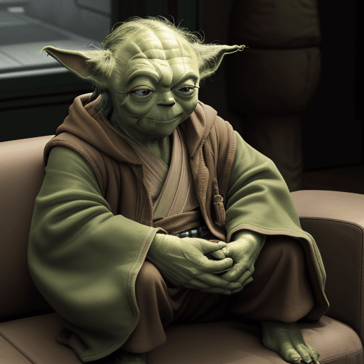 AI generated: Jedi Master YODA smiles. Sitting on the couch.
A lot of space.
