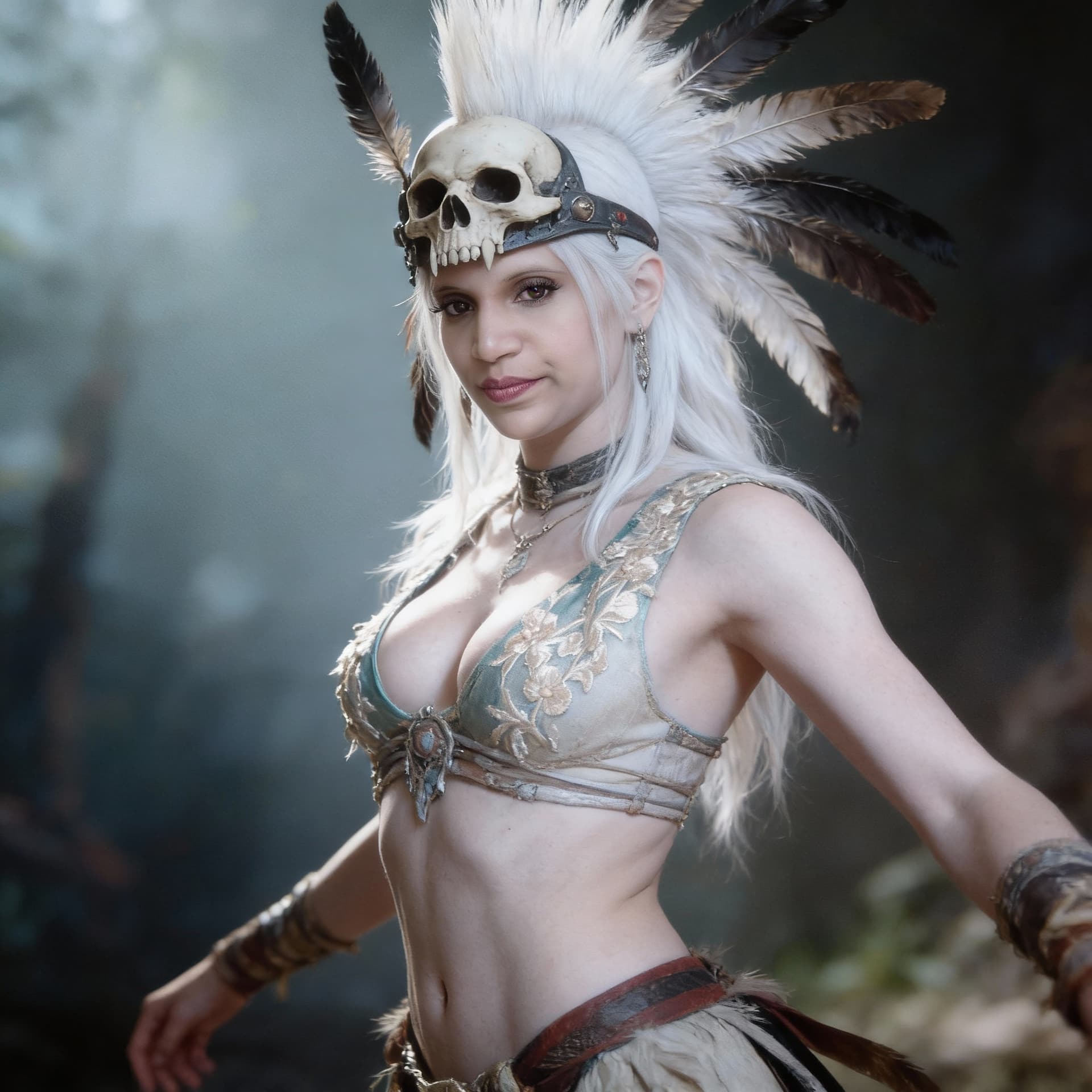 AI generated: Hyperrealistic portrait of an albino female Mohawk shaman with a skull helmet and plumage, very pale...