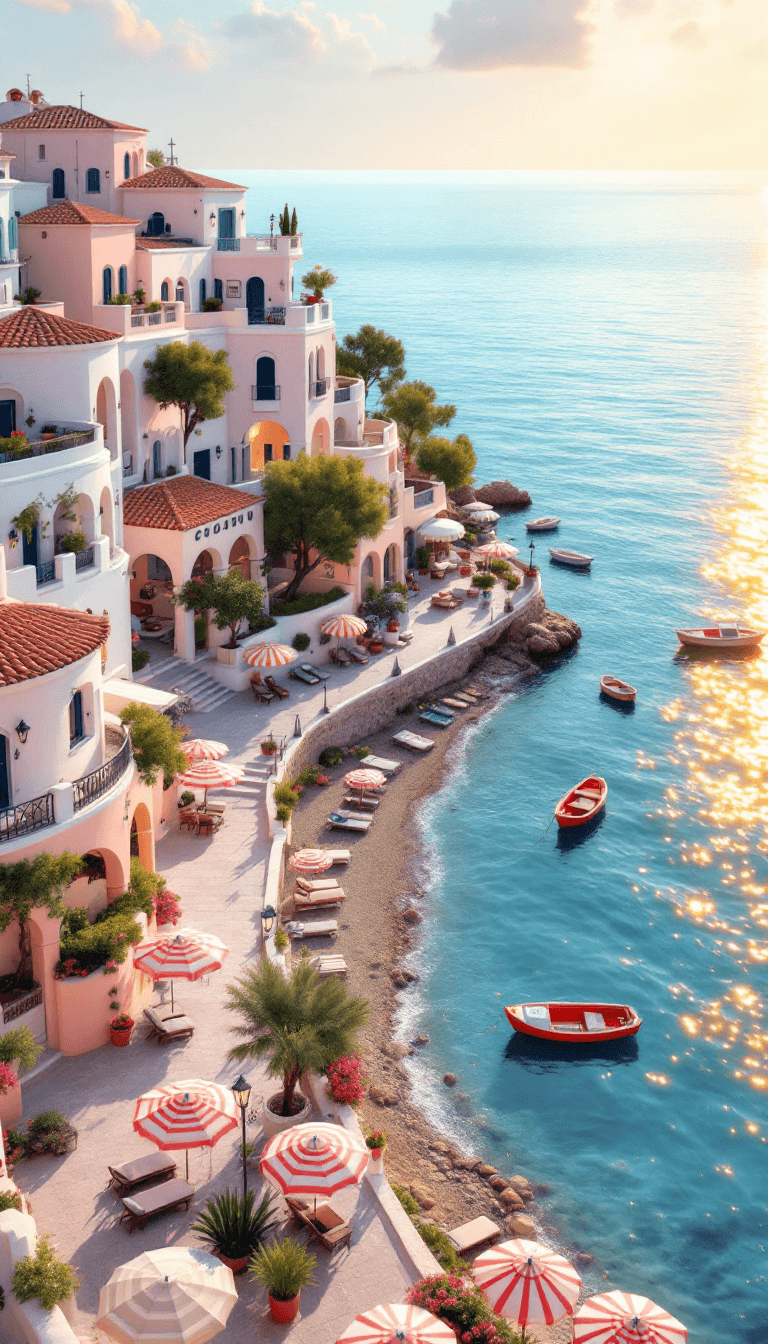 AI generated: A vibrant aerial view of a Mediterranean-inspired waterfront, with light pastel-colored apartment bu...