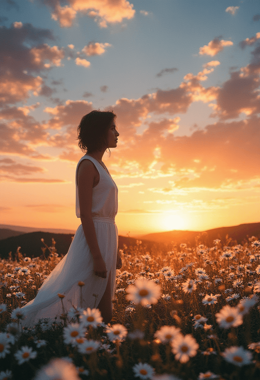 AI generated: A fit adult woman stands amidst a vibrant field of daisies under a sky ablaze with the colors of sun...