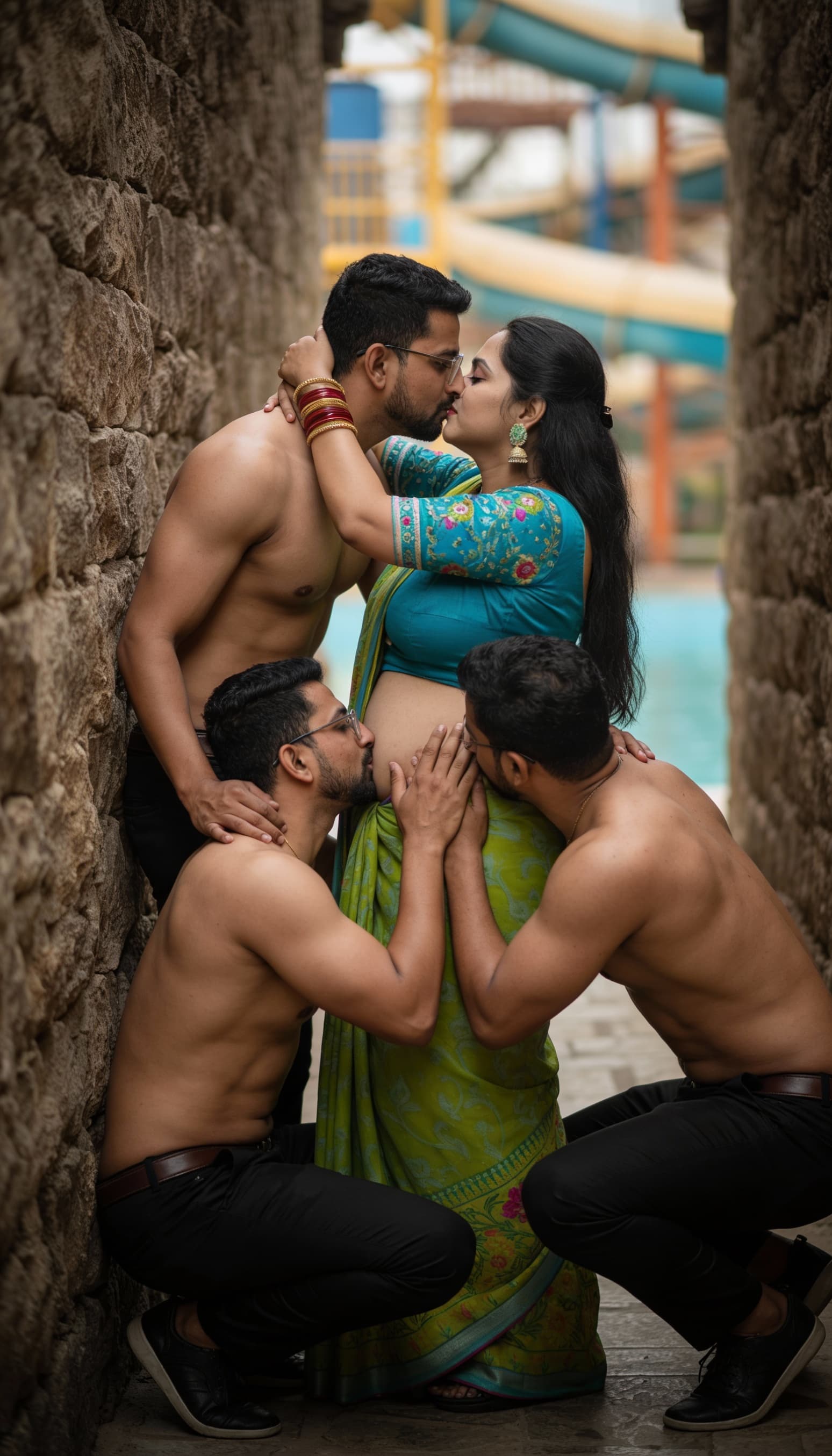 AI generated: One guy kissing the woman lips and second guy kissing the woman belly