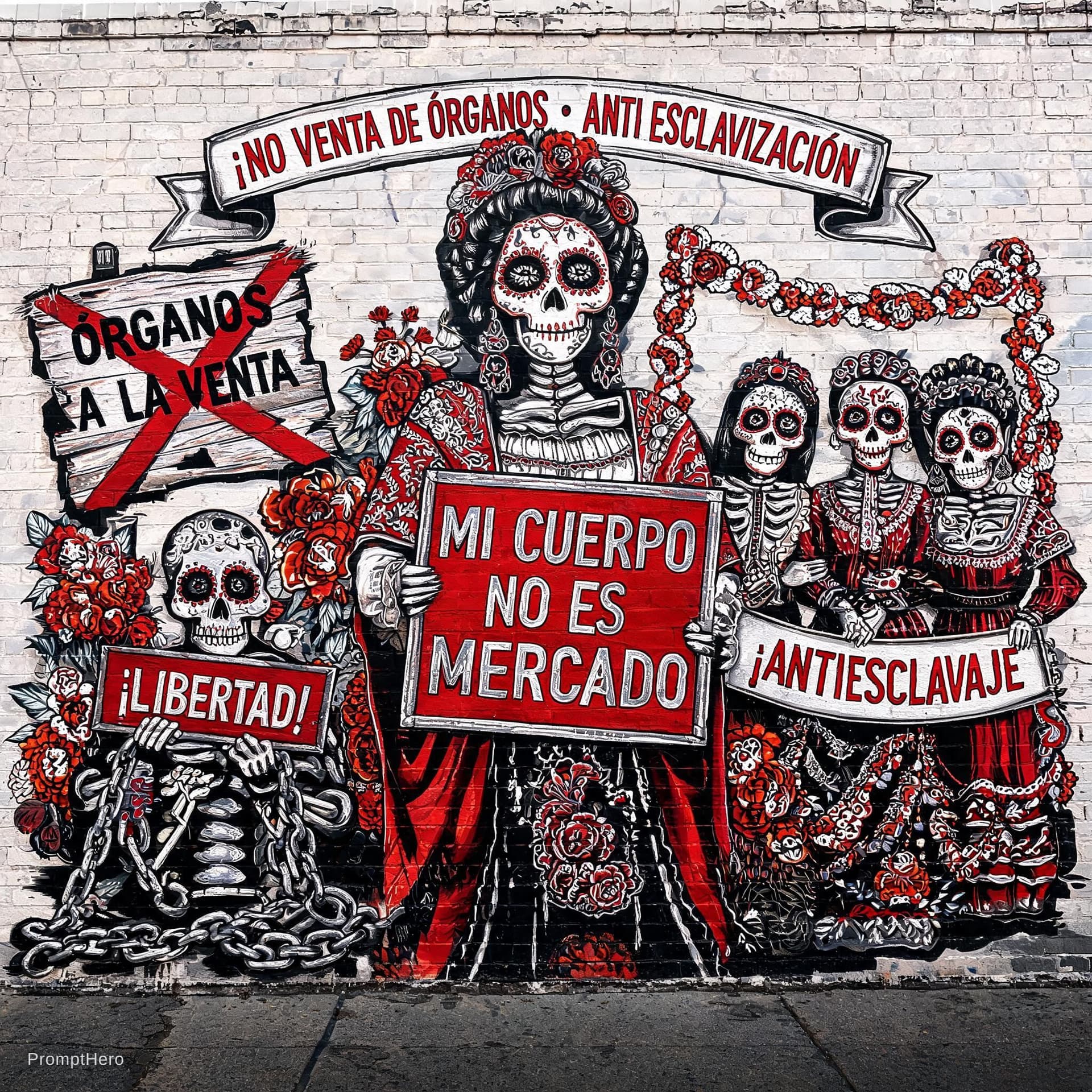 AI generated: create an image about selling human organs in an anti slavery concept in
day of the dead art by , in...