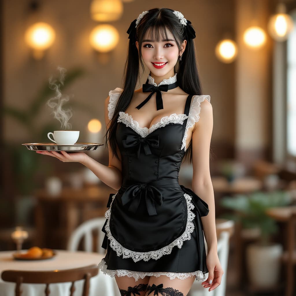 AI generated: "A beautiful Asian woman stands confidently in a sleek Japanese maid outfit, her radiant smile and a...