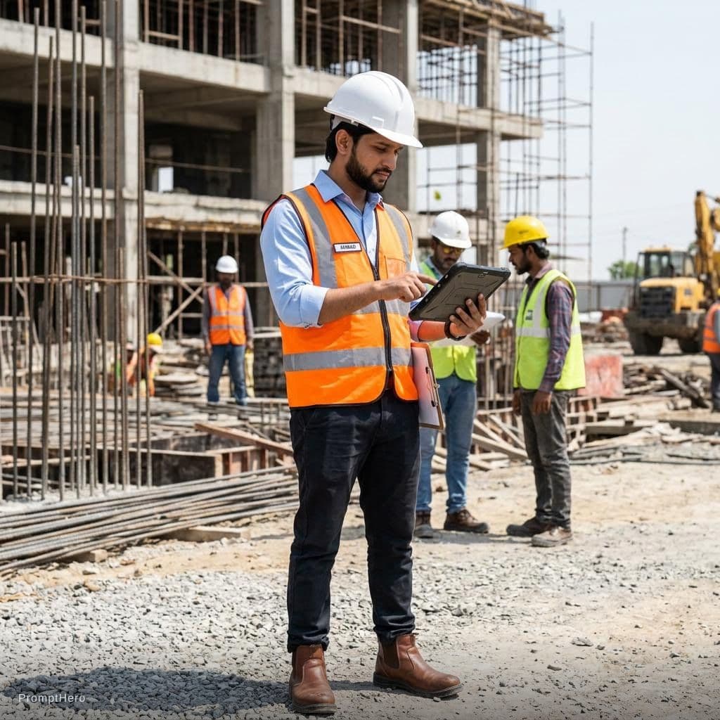 AI generated: A professional site engineer is standing at an active construction site during a routine site visit....