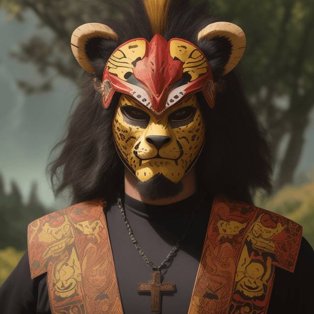 AI generated: man with jaguar warrior helmet mask with jaguar-style and abundant hair, wooden mask, fine wood deta...