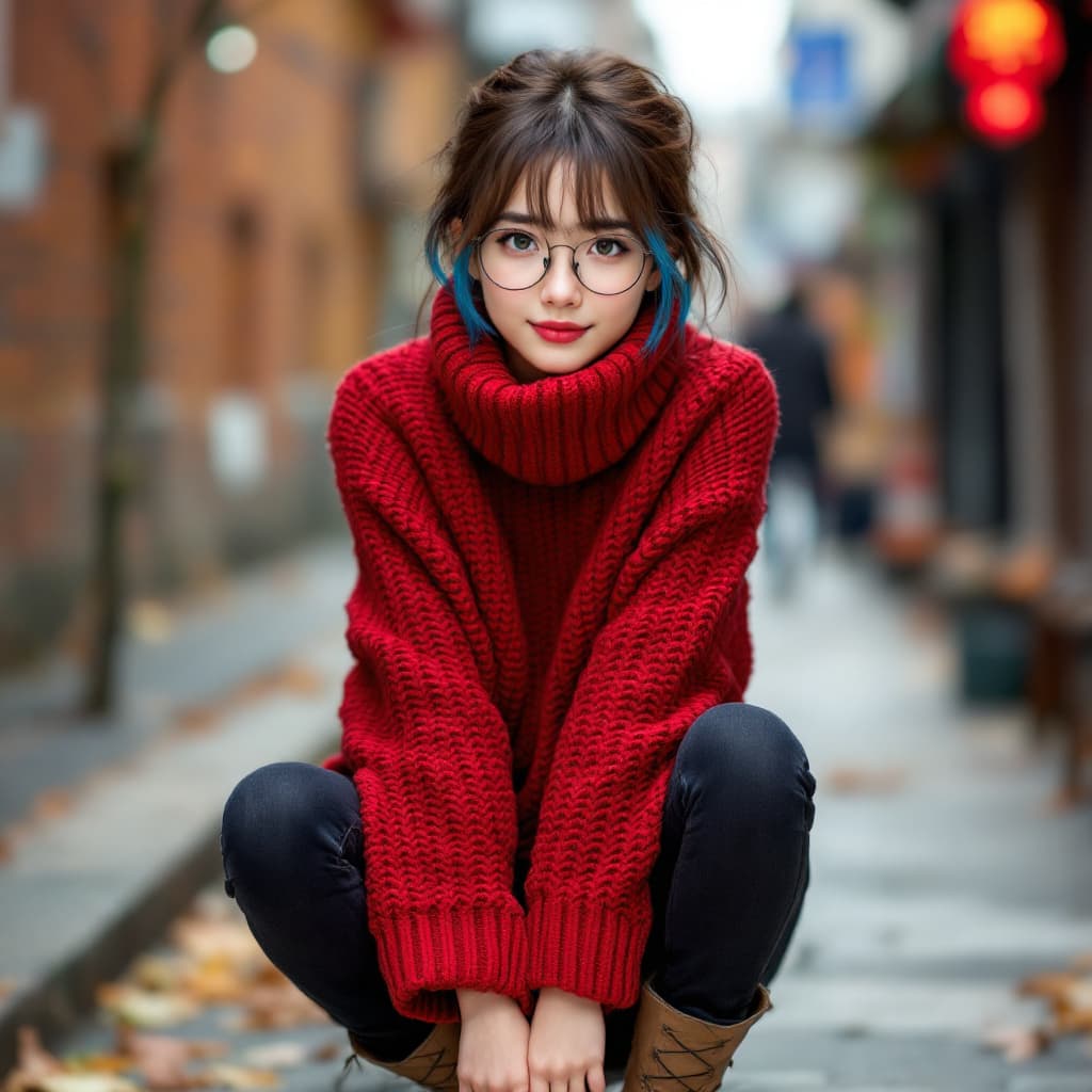 AI generated: a Japanese  women, a girl, brown hair with blue highlights, green eyes, glasses, wearing a red knitt...