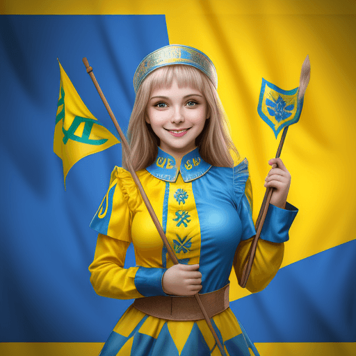 AI generated: pretty and smiling ukrainian woman with flag blue and yellow,name UKRAINE en background