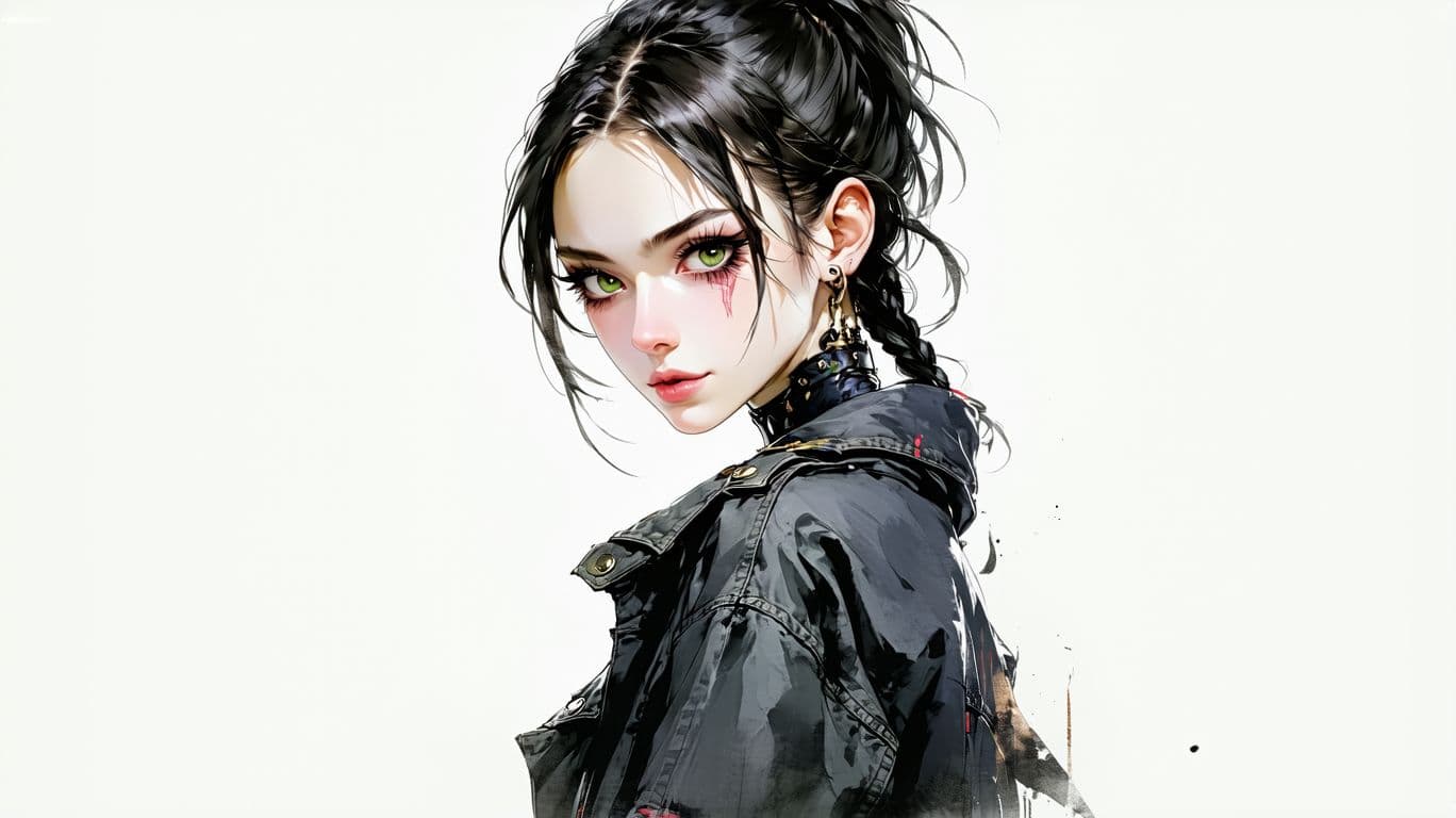 AI generated: anime full body Symbolist ink wash painting of a 24-year-old Yao-Greek female edgy rocker girl with ...
