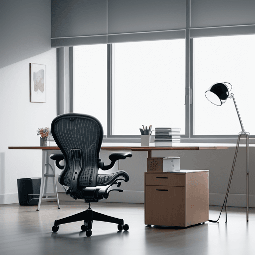 AI generated: Spacious office with frontal view, Herman Miller Aeron chairs, Artemide Tolomeo desk lamps, captured...