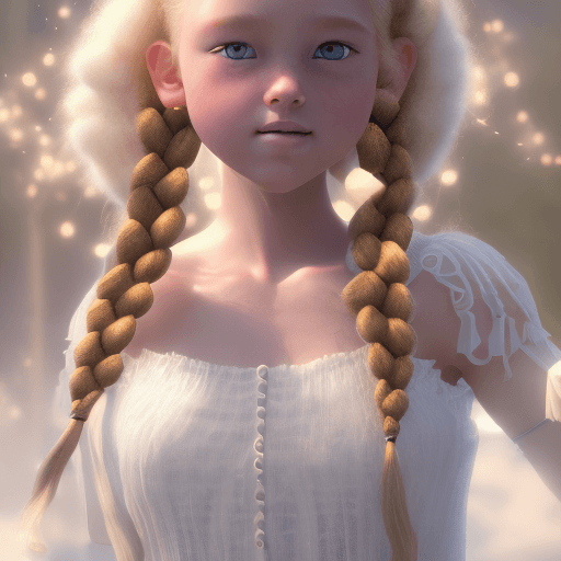 AI generated: A cute kind-hearted and nurturing young girl, with two braids, freckled cheeks, blue eyes round face...