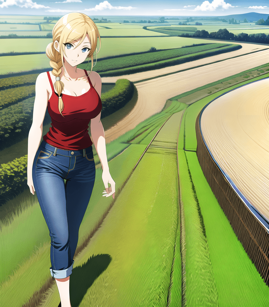 AI generated: (perfect anime illustration), 1girl, braided buns, long brown hair, huge breasts, hair over eye, den...