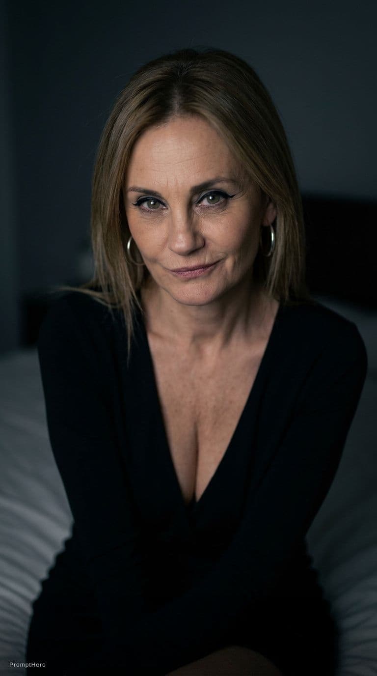 AI generated: looking at me. Sitting on a bed at night(no lights), wearing same (cleavage) dress, teasing, keep or...