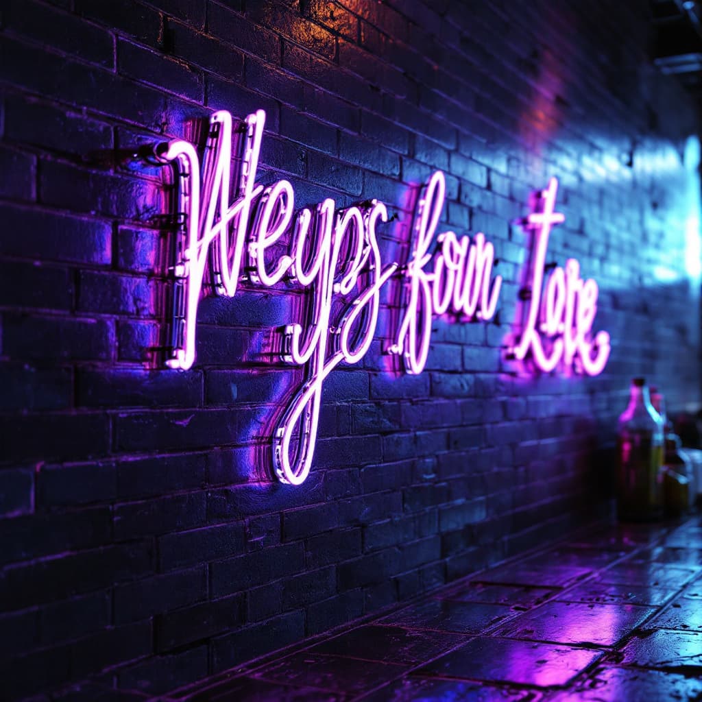 AI generated: hyper realistic led tube writing in a bar with brick tiles slanted from the side with the text - 716...