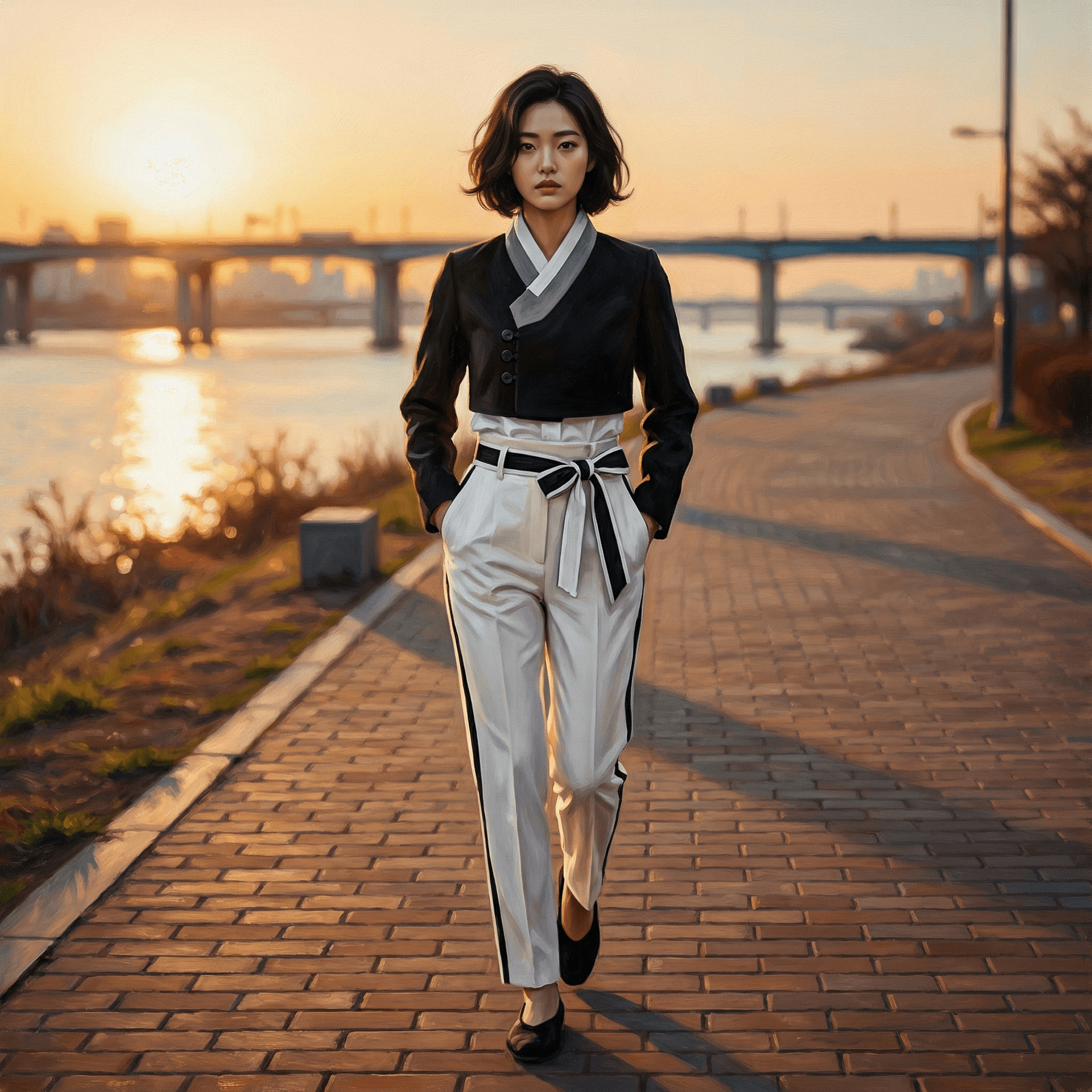 AI generated: ultra-realistic view photo of a Korean female model in 2026 Seoul Korea. Long shadows at the sunset ...