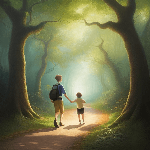 AI generated: Illustrate the heartwarming scene of Lucas, a joyful young boy with a radiant smile, strolling throu...