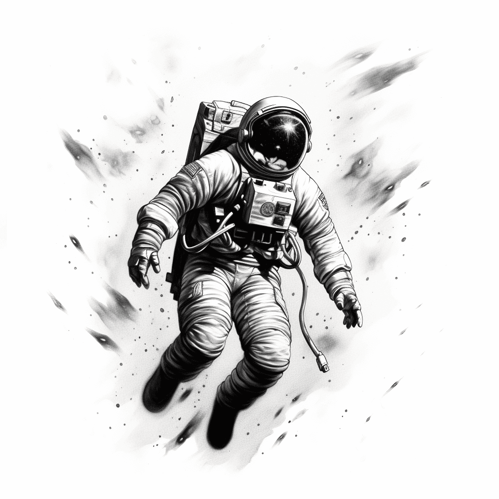 AI generated: astronaut tattoo design, black and white, no colors, no colorful, thin lines, on plain white backgro...