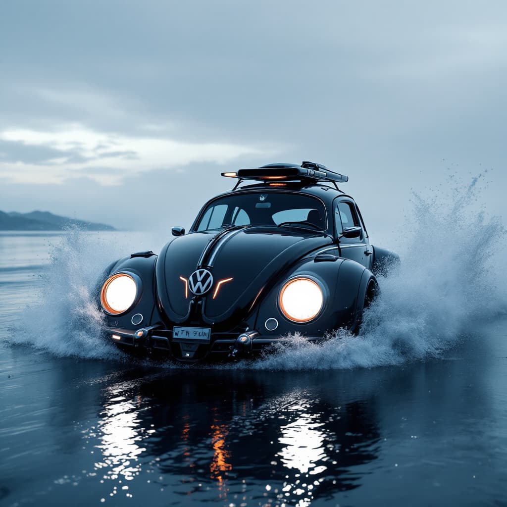 AI generated: Volkswagen New Beetle ,car driving through water, in the style of futuristic spacecraft design, eeri...