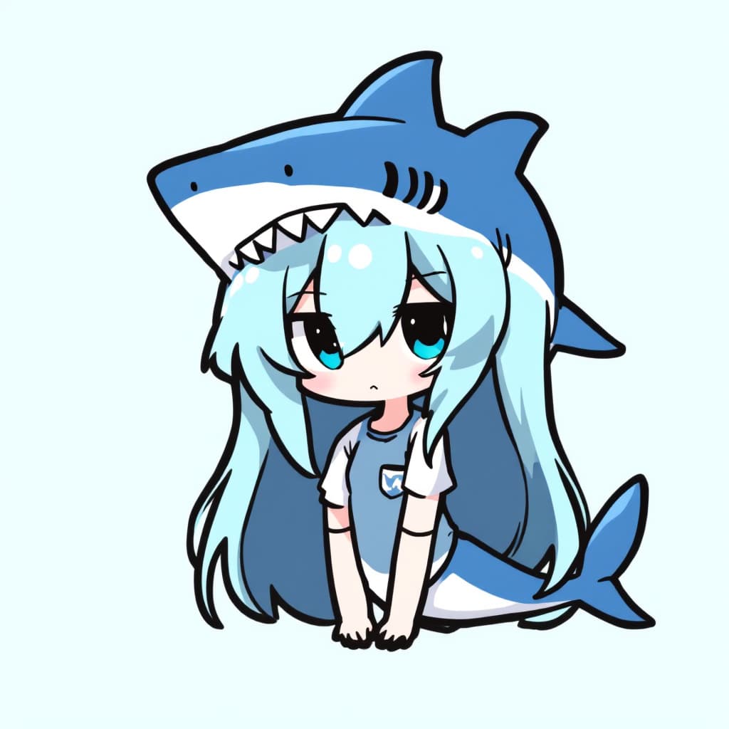 AI generated: best quality,Teal theme,outline,
(chibi:1.2),(absurdly long hair,gradient hair:1.2), shark on head, ...