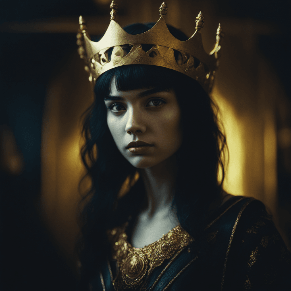AI generated: High quality, Portrait of a beautiful Warlocks girl with gold crown in black hair, like Imogen Poots...