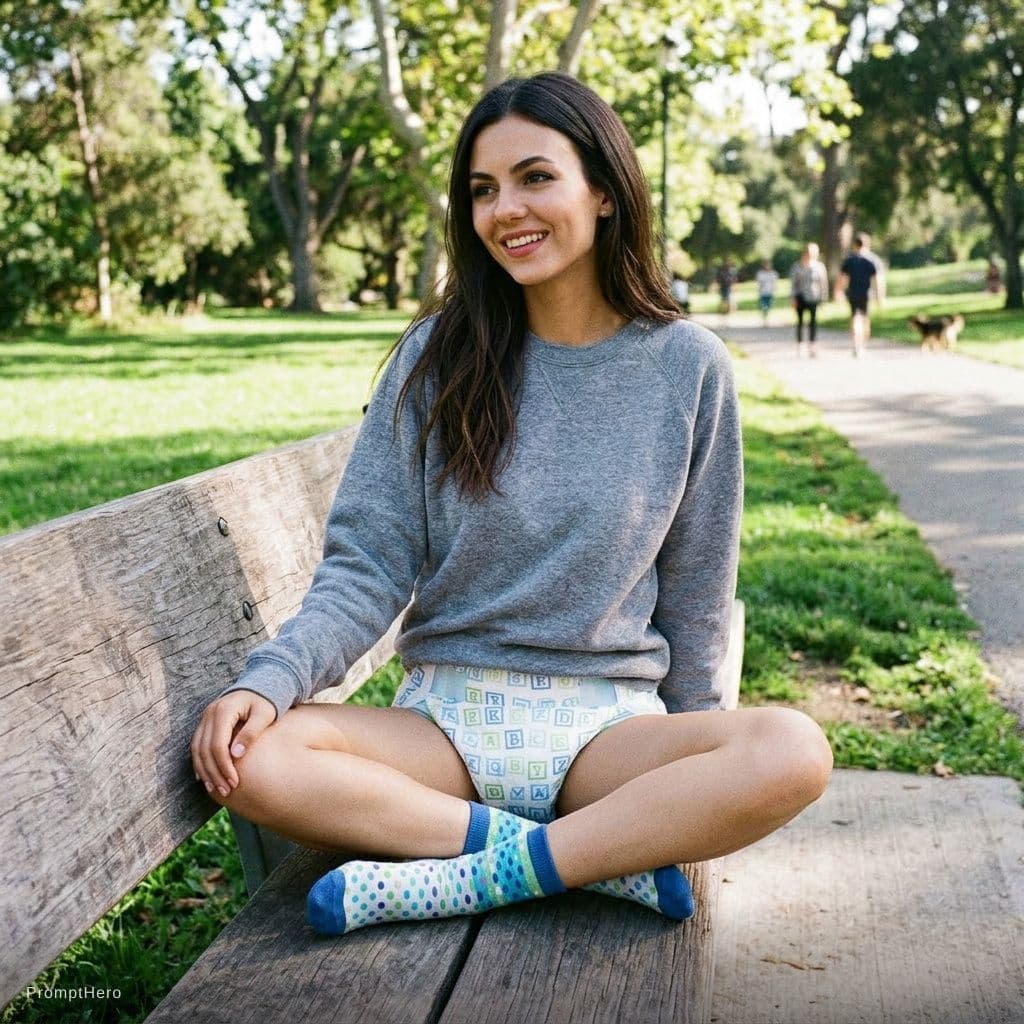 AI generated: Victoria justice abdl wearing bambino abc diapers no shoes or pant . Ankle socks 