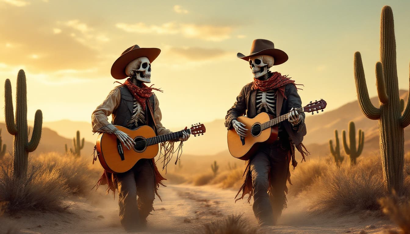 AI generated: Hola, quiero la siguiente imagen: Un hombre junto a dos calaveras caminando de espaldas en el desier...