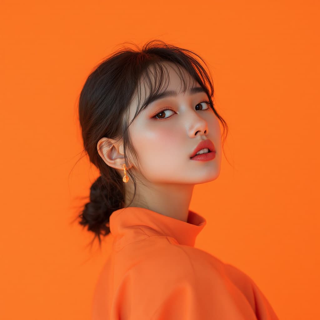 AI generated: photography, orange hue, korean woman model, solid orange backdrop, using a camera setup that mimics...